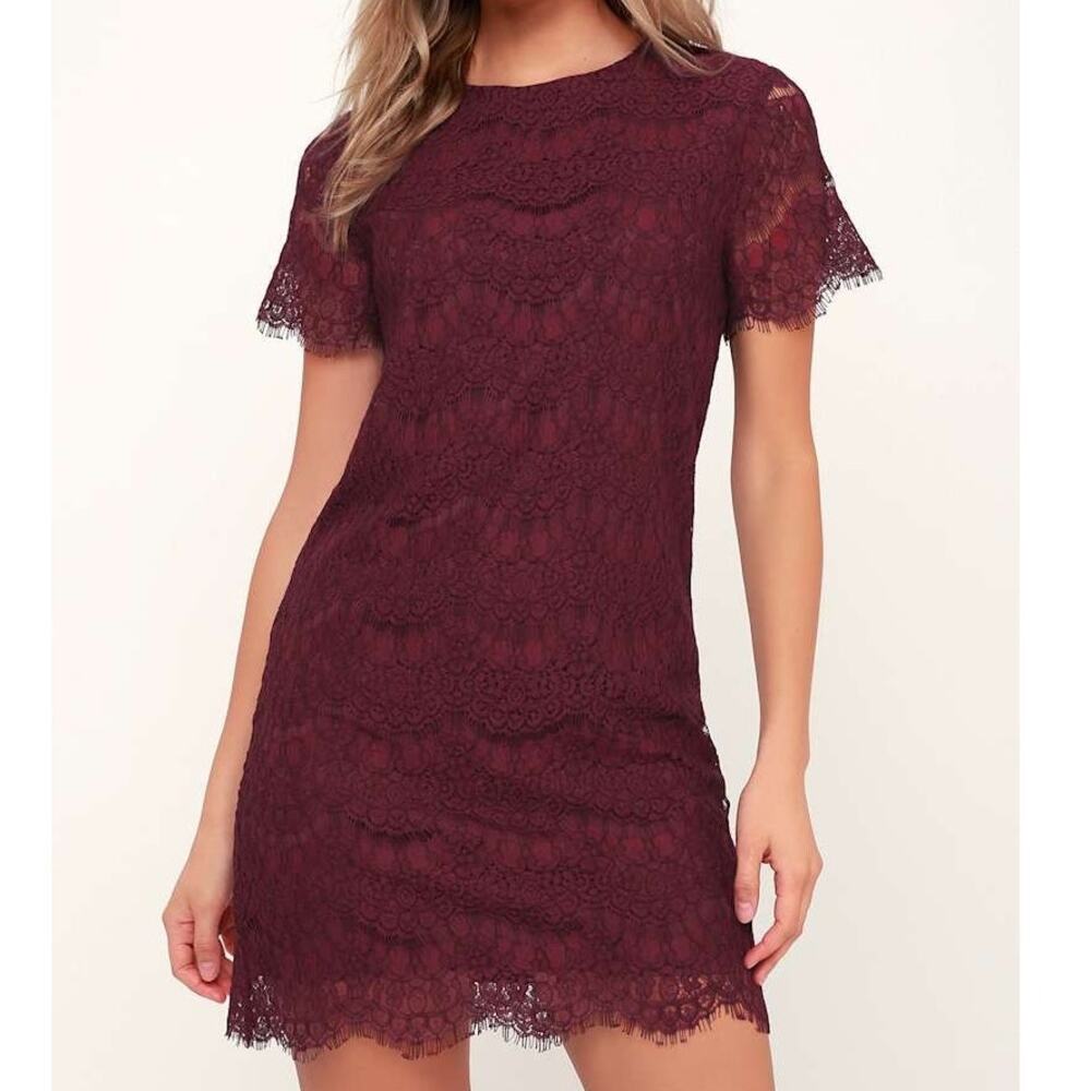 Lulus Size Medium Dress Mini Lace Overlay Shift Take Me To Brunch Short Sleeve